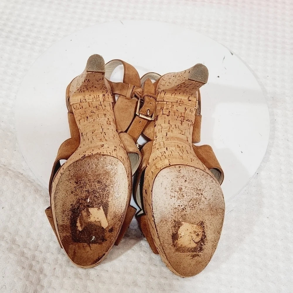 Michael Kors Adair Brown Suede Cork Platform High Heel Sandals Sz. US 6.5 M